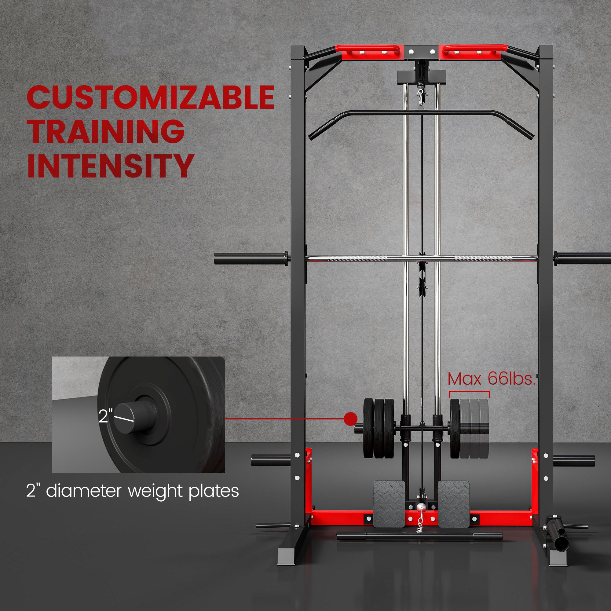 Smith Machine Power Rack with Pull Up Bar, Lat Pull Down System, Landmine, Squat Rack, Barbell Bar, for Home Gym