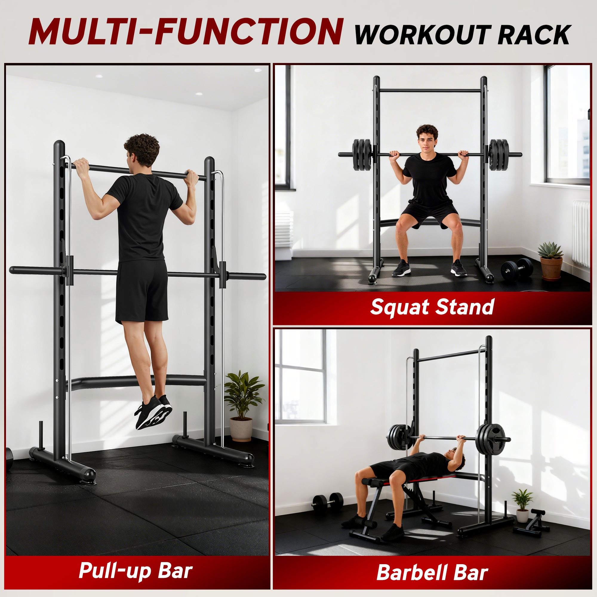 Squat Rack with Pull Up Bar and Barbell Bar Adjustable Bench Press Multi-Function Weight Lifting Half Rack Black
