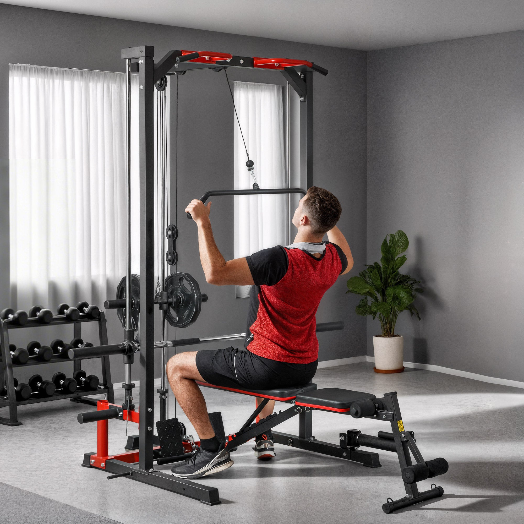 Smith Machine Power Rack with Pull Up Bar, Lat Pull Down System, Landmine, Squat Rack, Barbell Bar, for Home Gym