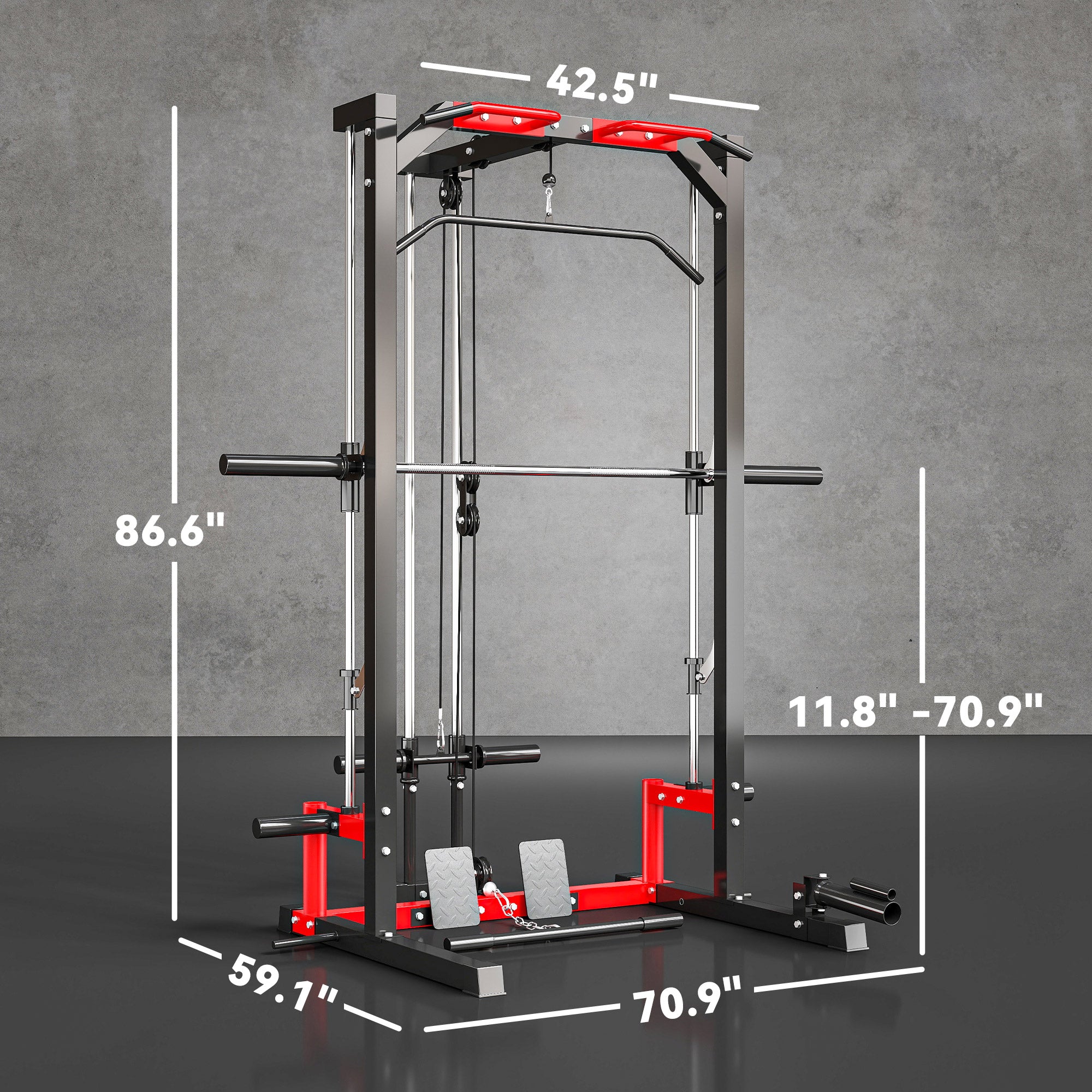Smith Machine Power Rack with Pull Up Bar, Lat Pull Down System, Landmine, Squat Rack, Barbell Bar, for Home Gym