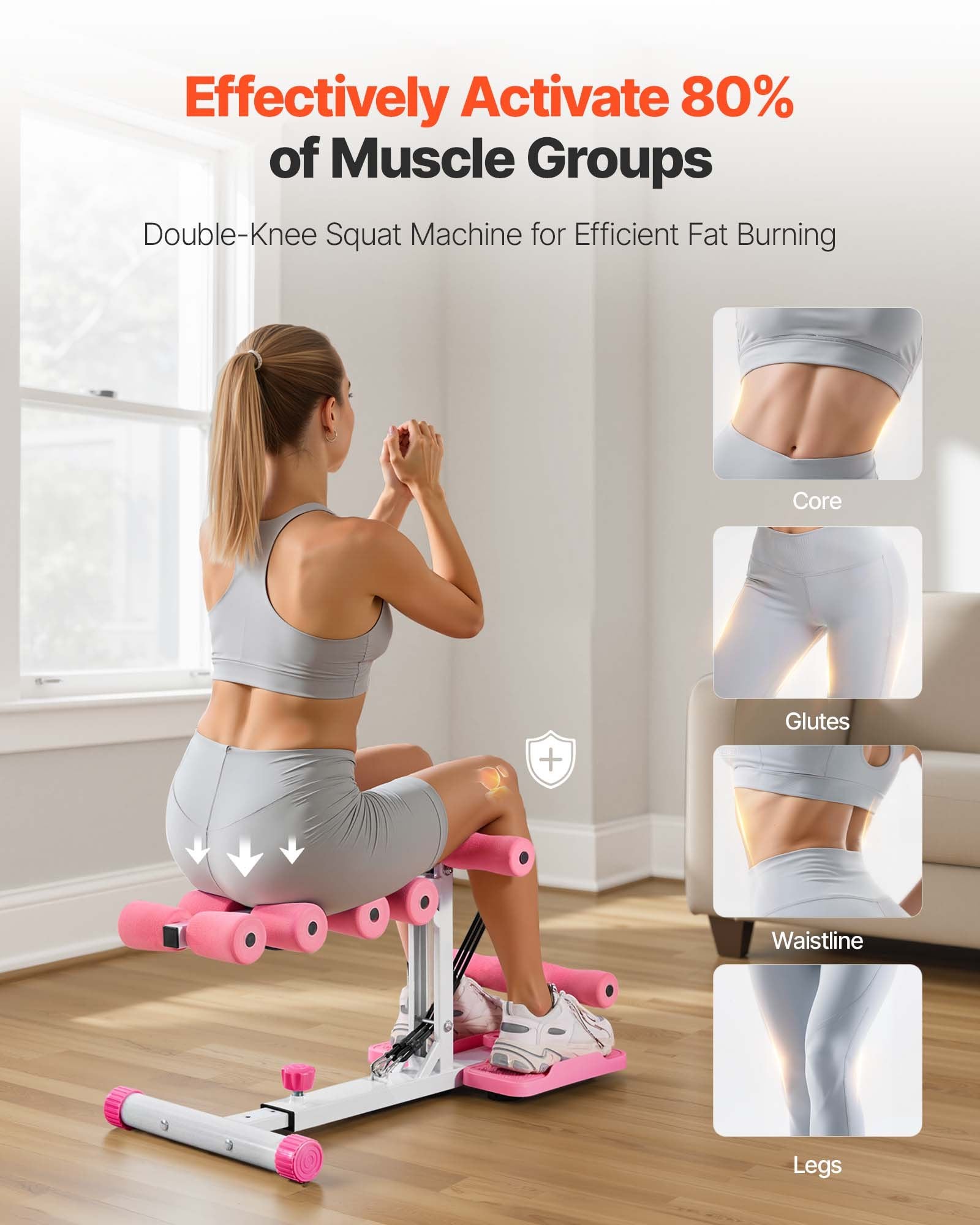 Deep Squat Machine, Adjustable Glutes Trainer Machine With 3 High-Strength Resistance Bands, Folding Core Leg & Glutes Exercise Trainer, Push Up Workout Equipment At Home Gym, Pink + White