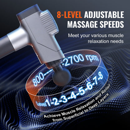 VEVOR Massage Gun Deep Tissue, Percussion Muscle Massager For Athletes - With 8 Speed Levels &amp; 6 Massage Heads, 16V 2500mAh Batteries, Handheld  Massage Gun For Pain Relief, Muscle Relaxation