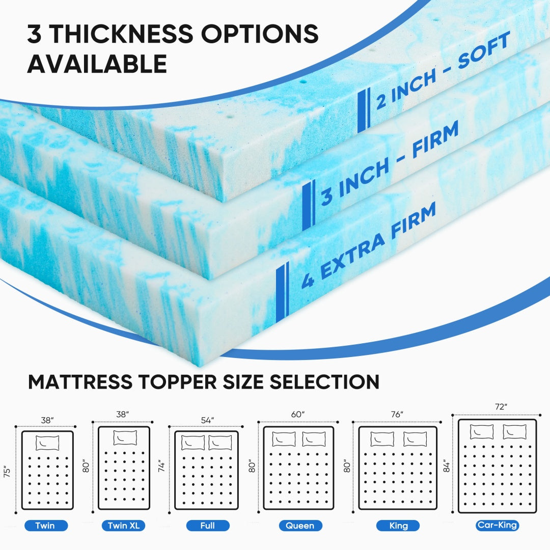 Memory Foam Mattress Topper With Cooling Gel, Pressure Relief &amp; Breathable Comfort Bed Topper
