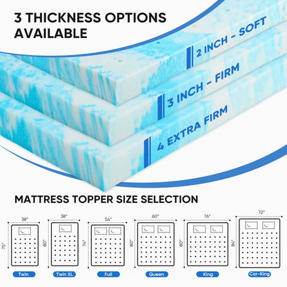 Memory Foam Mattress Topper With Cooling Gel, Pressure Relief &amp; Breathable Comfort Bed Topper