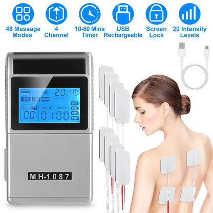 1Pc 4 Channel TENS Unit Muscle Stimulator Rechargeable Digital TENS Muscle Massager With 48 Modes 20 Intensity Levels 8 Pads Timer For Valentines Gift