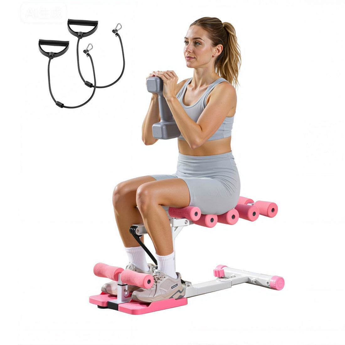 Deep Squat Machine, Adjustable Glutes Trainer Machine With 3 High-Strength Resistance Bands, Folding Core Leg &amp; Glutes Exercise Trainer, Push Up Workout Equipment At Home Gym, Pink + White