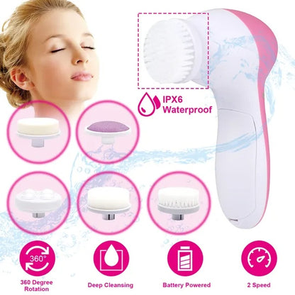 Waterproof Facial Cleansing Brush Face Spin Cleaning Brush Scrubber With 5 Brush Heads For Women