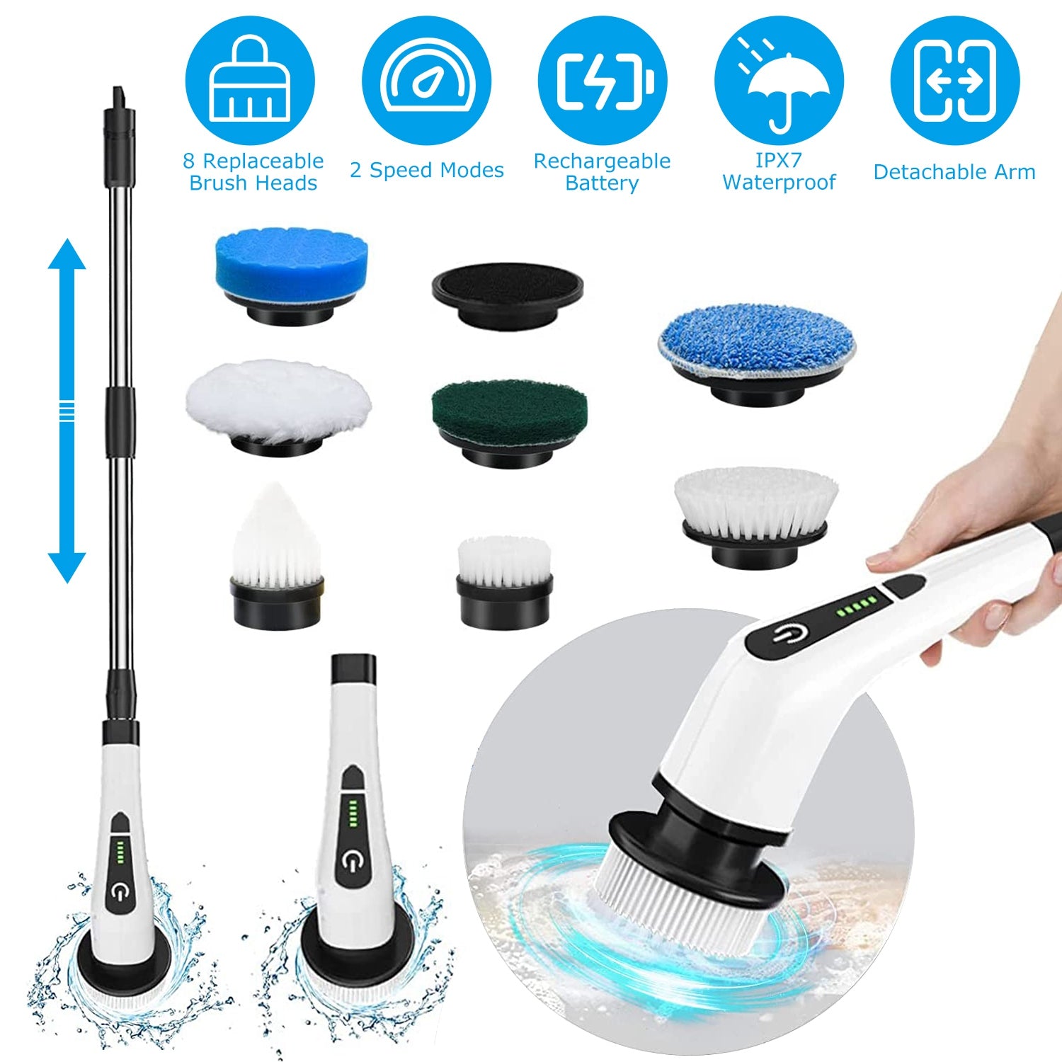 Cordless Electric Spin Scrubber – Powerful Bathroom &amp; Tile Cleaning Brush with 8 Heads