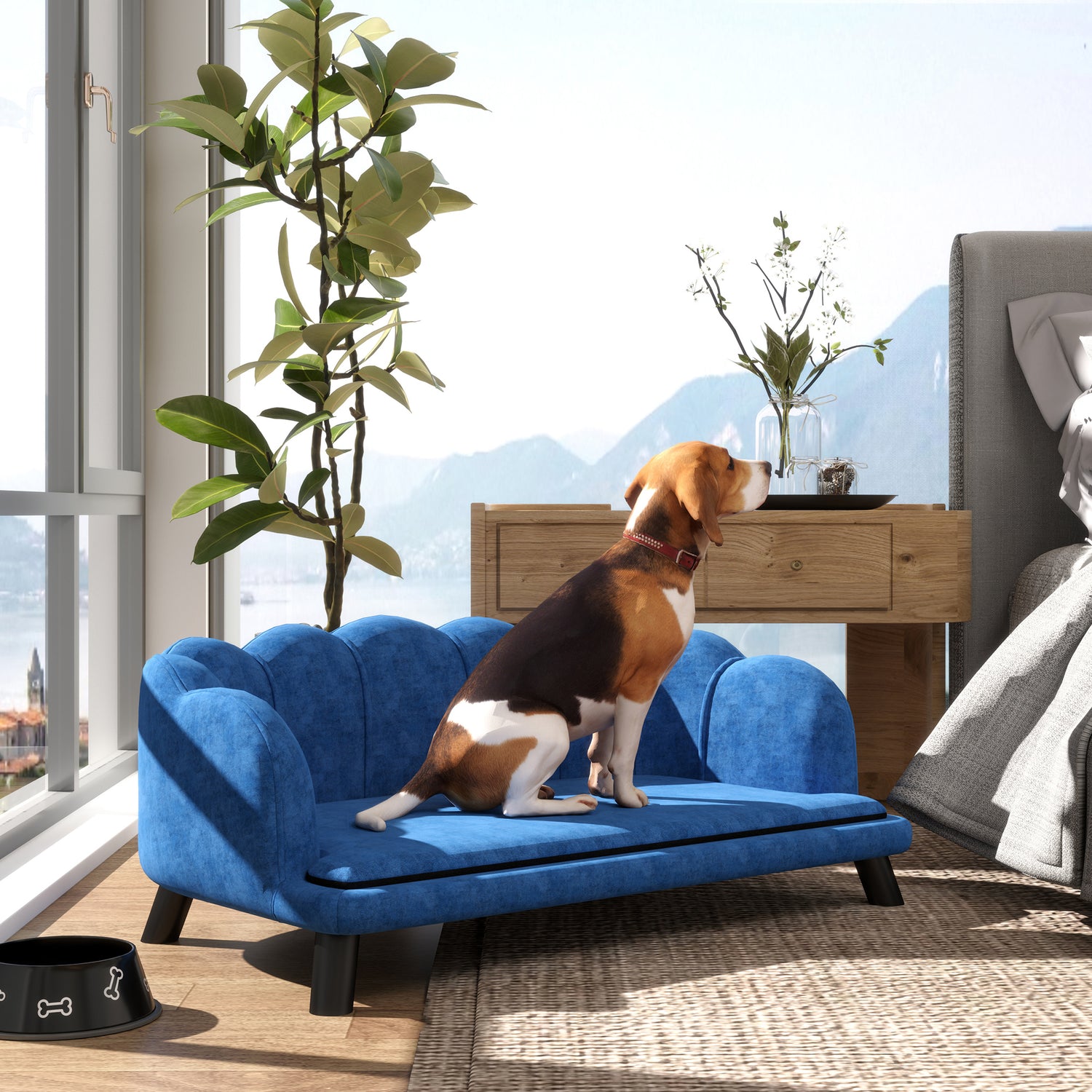 Pearl Design Pet Sofa for Medium and Large Sized Dogs, Pet Bed with Cushion and Solid Wood Legs, Dark Blue