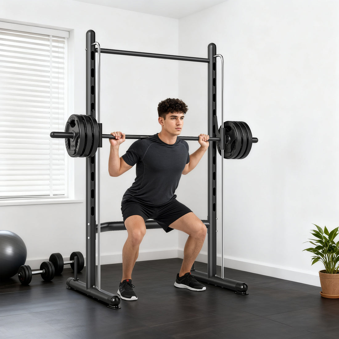 Squat Rack with Pull Up Bar and Barbell Bar Adjustable Bench Press Multi-Function Weight Lifting Half Rack Black