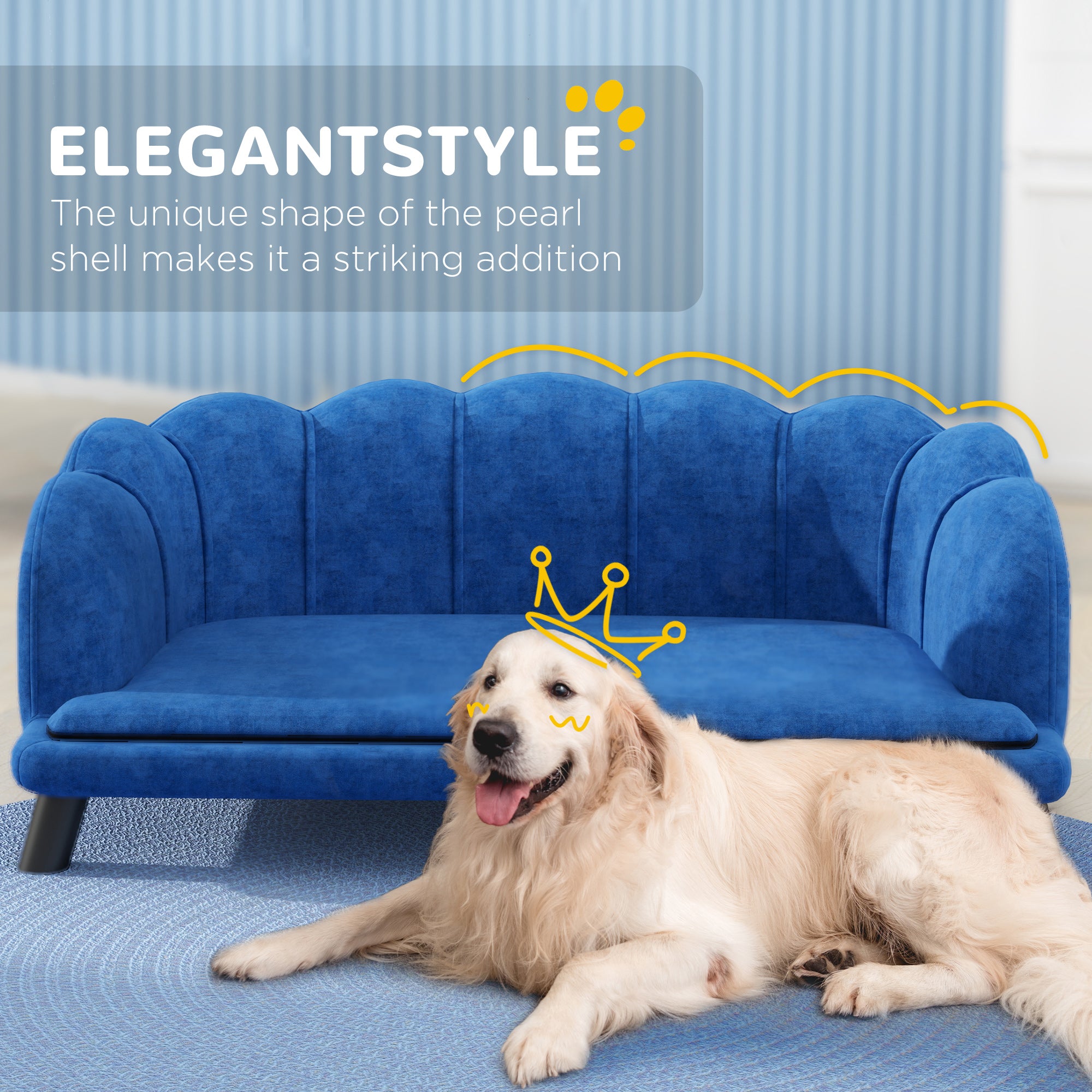 Pearl Design Pet Sofa for Medium and Large Sized Dogs, Pet Bed with Cushion and Solid Wood Legs, Dark Blue