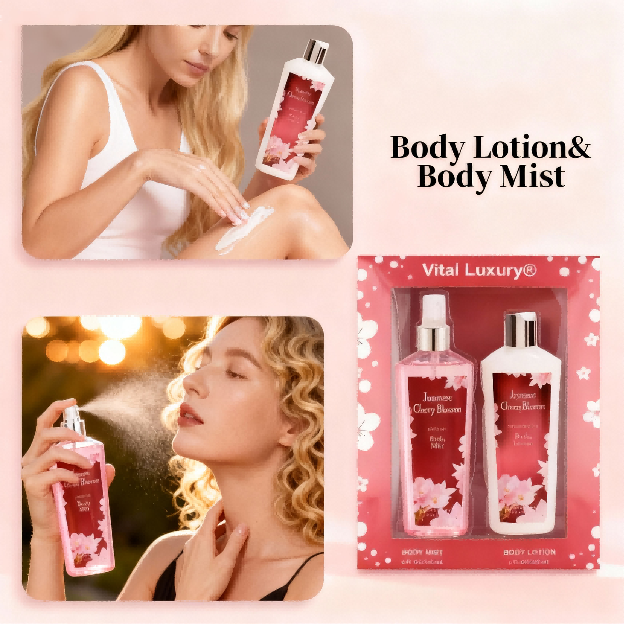 2 Pieces Sets, Body Lotion And Body Mist Set, Japanese Cherry Blossom 8 Oz, 236ml, Best Holiday Gifts.