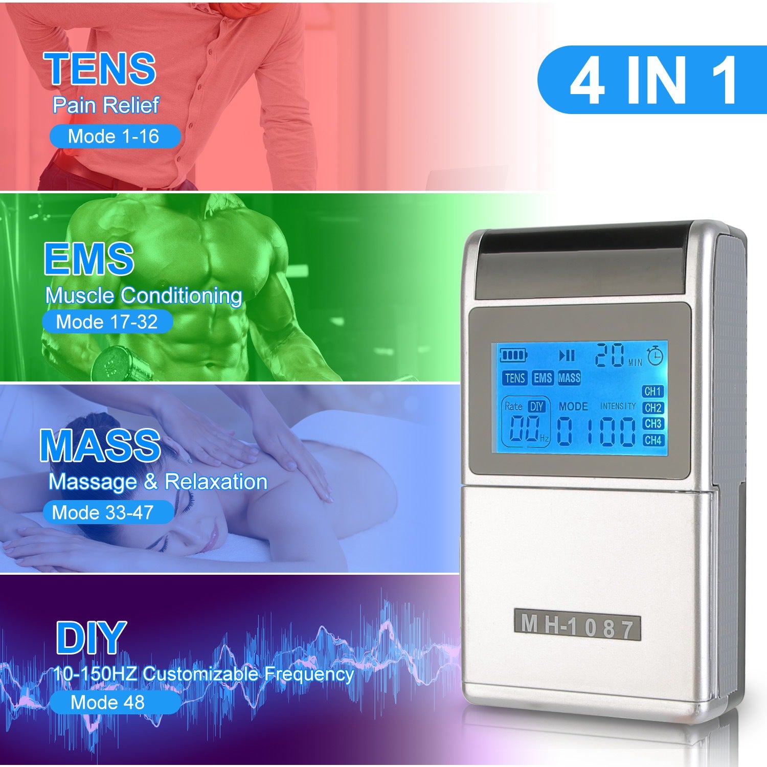 1Pc 4 Channel TENS Unit Muscle Stimulator Rechargeable Digital TENS Muscle Massager With 48 Modes 20 Intensity Levels 8 Pads Timer For Valentines Gift