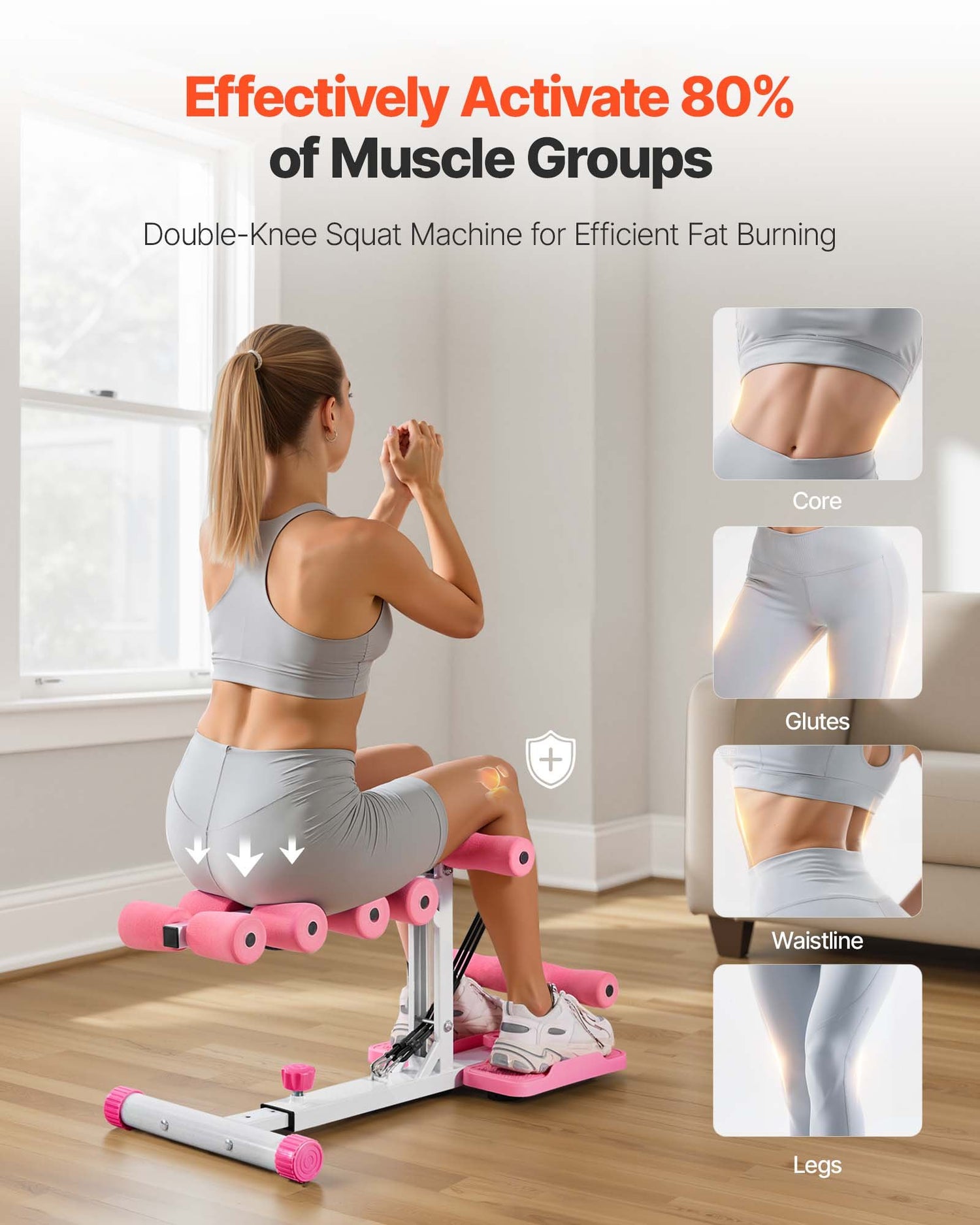 Deep Squat Machine, Adjustable Glutes Trainer Machine With 3 High-Strength Resistance Bands, Folding Core Leg &amp; Glutes Exercise Trainer, Push Up Workout Equipment At Home Gym, Pink + White