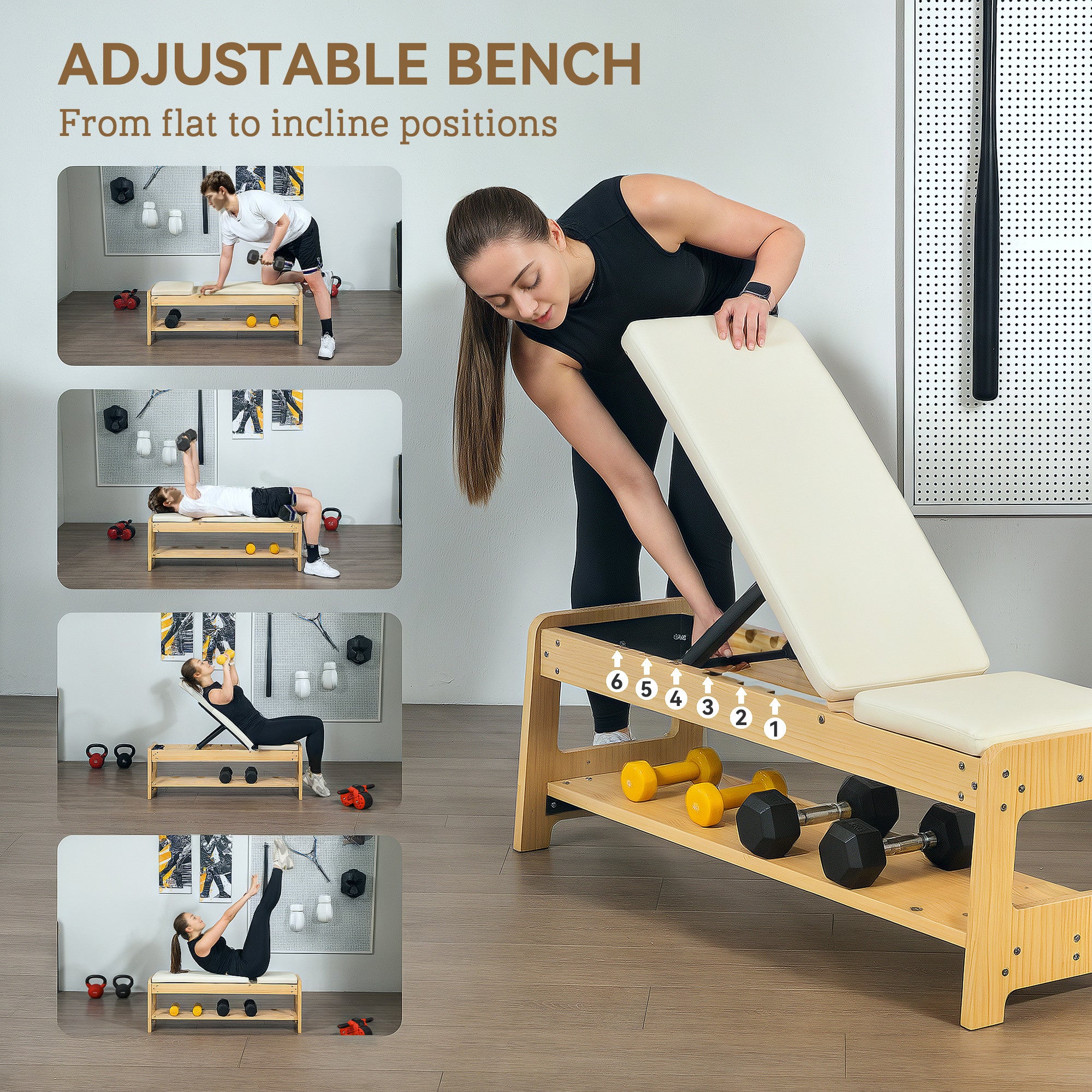Wooden Adjustable Weight Bench with Dumbbell Rack, Flat or Incline Workout Bench for Home Gym Weight Lifting, White