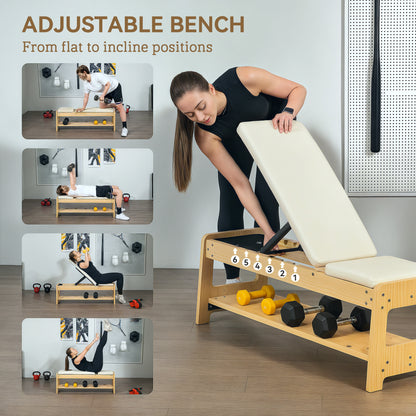 Wooden Adjustable Weight Bench with Dumbbell Rack, Flat or Incline Workout Bench for Home Gym Weight Lifting, White