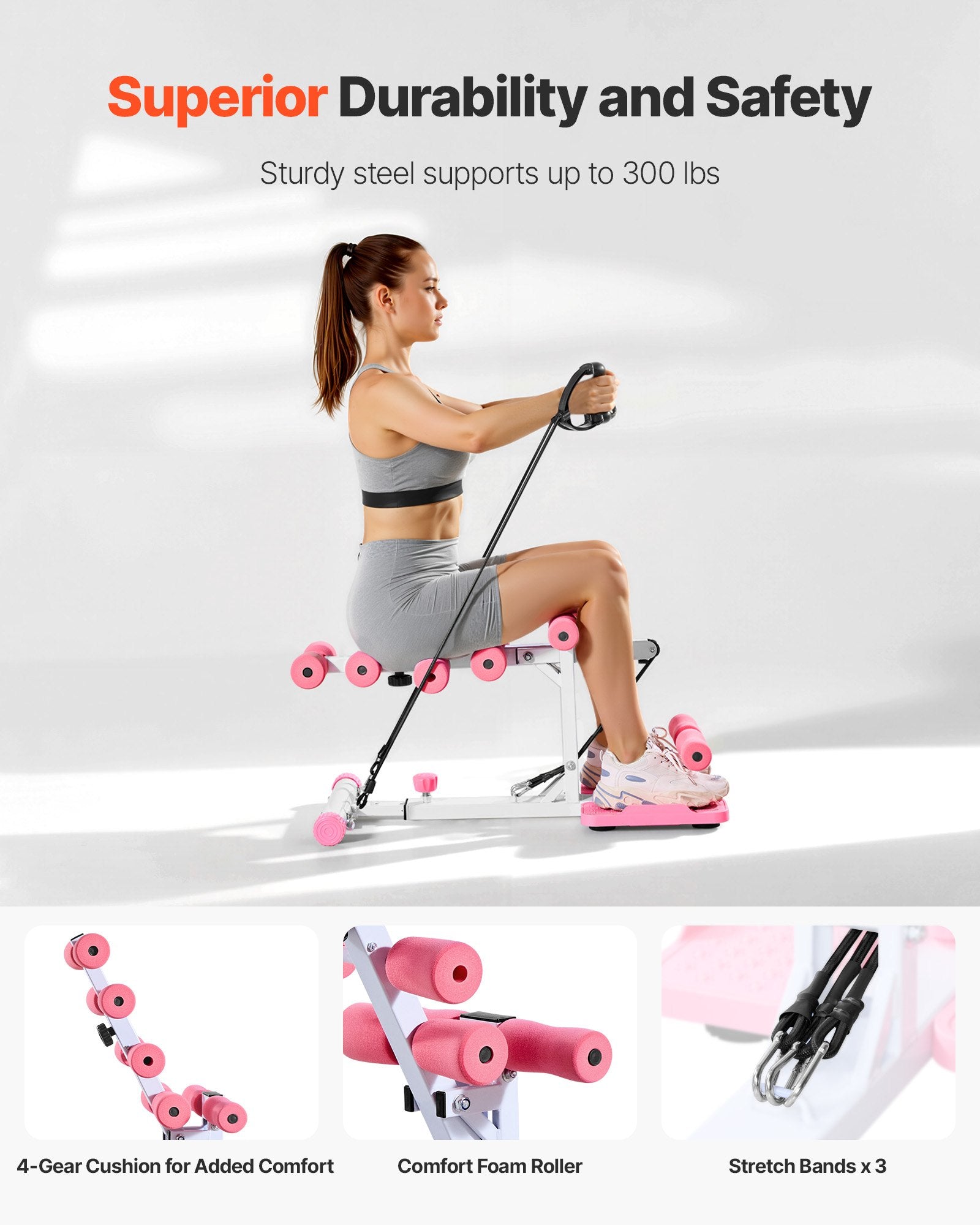 Deep Squat Machine, Adjustable Glutes Trainer Machine With 3 High-Strength Resistance Bands, Folding Core Leg &amp; Glutes Exercise Trainer, Push Up Workout Equipment At Home Gym, Pink + White